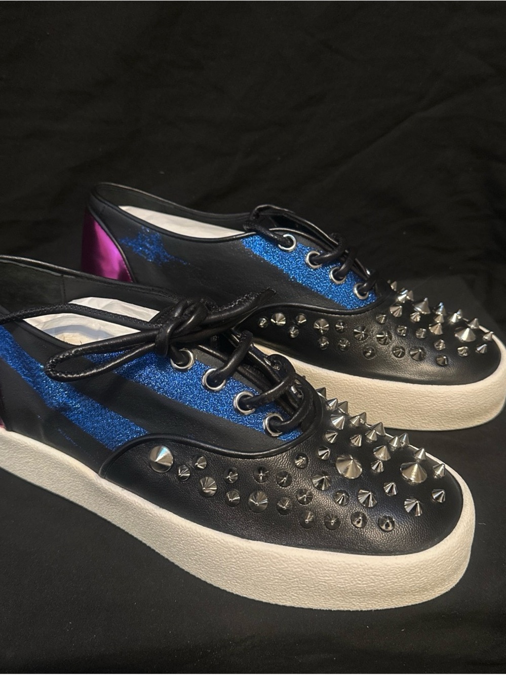 Giuseppe Zanotti Black Leather Sneakers with Blue Glitter and Pink Heel
